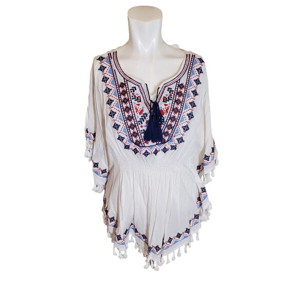Boho Embroidered Tunic Top Bat Wing Smocked Peasant Top Fringe White Sz L NEW - Picture 5 of 11